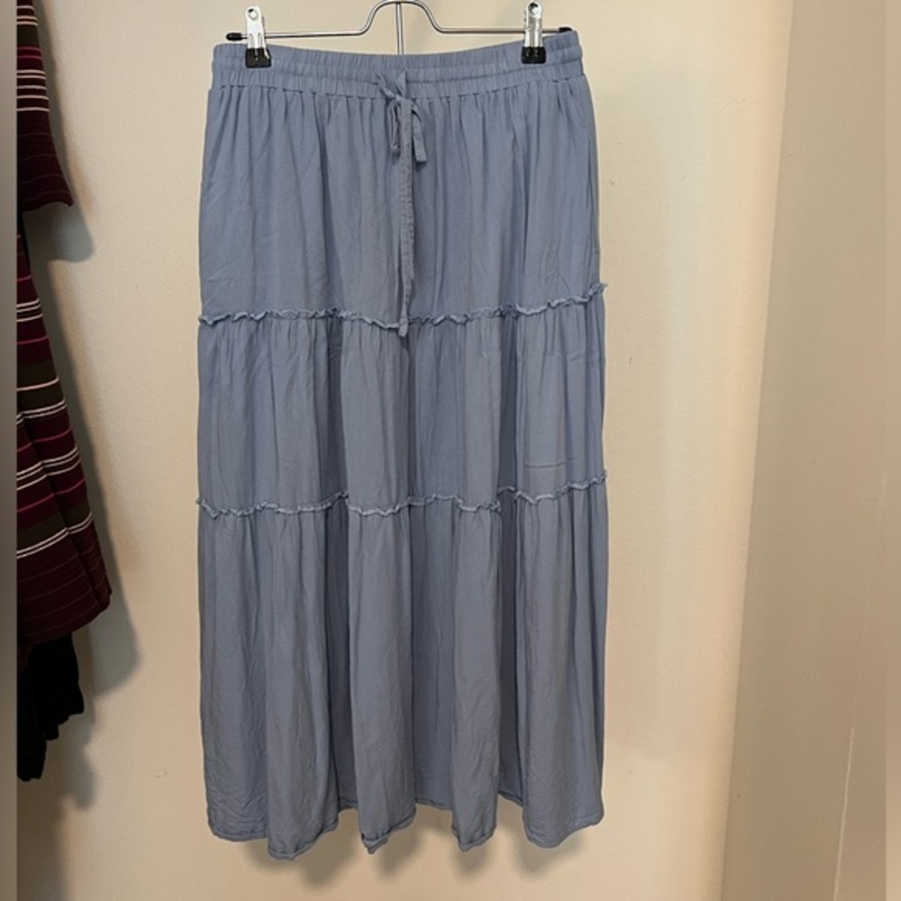 Fashion Elastic Waist Drawstring Midi Length Tiered Maxi Skirt Blue Medium
